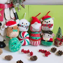 Holiday Ornament Set, 8 Pack, 4 in - Soft and Squishy Stuffed Animal Toys w/ 2 Bonus Stickers (Classic Collection)