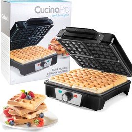 CucinaPro Four Square Belgian Waffle Maker, Extra Large Stainless Steel Kitchen Appliance w Nonstick Waffler Iron Plates Makes 4 Fluffy Waffles, Great Griddle for Family Breakfast or Housewarming Gift