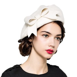 HIMESPORT Elegant Wool Felt Berets Fascinators Fedora Women Church Hats Ladies Bow Caps Wedding Pillbox Hat Wedding Chapeau White
