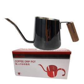 AKIRAKOKI Spout Drip Kettle with Built-In Measuring Scale, Durable Black Titanium Coated, Thick 304 Stainless Steel, Gooseneck Hand Pour Over Pot Teak Wood Handle. Taiwan Import