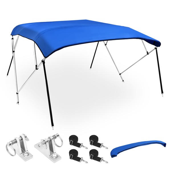 X AUTOHAUX 4 Bow Bimini Top Cover Boat Canopy 600D Canvas Sun Shade Stainless Steel Deck Hinges 8'L x 54" H x 67"-72" W 4 Straps Installation 1" Dia Aluminum Frame Storage Boot Blue