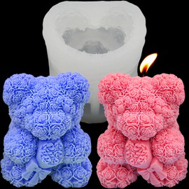 3D Rose Bear Silicone Molds Candle Making Molds Valentine's Day Silicone Molds Bear Silicone Mold Resin Silicone Molds for Women,Birthday,Mother,Wedding Gifts and Window Display (Small Bear(Flower))