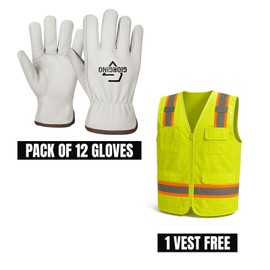 Giorgino 12 Pairs Leather Work Gloves Men with FREE Hi Vis Vest, Heavy Duty Cowhide Driver Gloves Unlined Construction Gloves