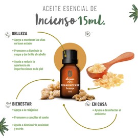 OLEUM VITAE Aceite Esencial de Incienso. Boswellia Serrata. 100% Puro y Orgánico. Certificado USDA Organic. Aplicación Externa y Aromática. 15ml