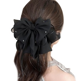 Coollooda Hair Clip, Bow, Butterfly Shape for Adults, Fashionable, Korean Style, For Weddings, Graduations, School Entrance Ceremonies, Presents, Black, Sequins Included (Large)