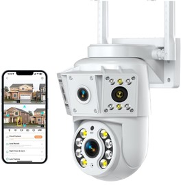 Dual Lens Security Camera Outdoor, 2K CCTV Camera Outdoor, 2.4/5GHz WiFi PTZ Cameras House Security, with Sound-Light Alarm, 2-Way Audio, Color Night Vision, IP66 Waterproof, Wired, 24/7 Recording