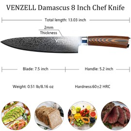 VENZELL Handmade 8 inch Chef Knife, 67-layer Damascus Stainless Steel Knife, HRC60±2 Professional Chopping Knife with Ergonomic PAKKA Wood Handle