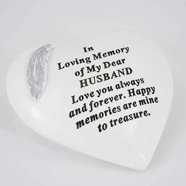 ESSGES Husband Memorial Feather Heart Grave Plaque Ornament Decoration - White Resin - 15cm x 15cm - Memorial Sculpture