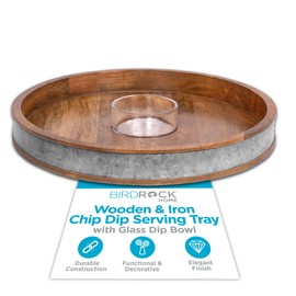 BIRDROCK HOME Wooden & Iron Chip Dip Serving Tray w/Glass Dip Bowl | Extra Large Decorative Kitchen Platter | Salsa, Guacamole, Veggies, Cheese | Decor for Coffee Table, Dining & Living Room - Round
