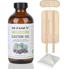 MUZAMOX Castor Oil Organic Cold Pressed Unrefined Glass Bottle , Castor Oil Pack Wrap Organic Cotton and Castor Oil Packs (8fl.oz/237ml)  pack Body Care Comfort castoroil  bodyoil - Volume: 8.00 Fl Oz (Pack of 1)