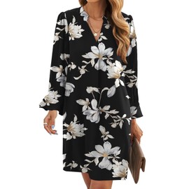 Wkior Fall Dress for Women Long Sleeve Solid Color Casual Swing Elegant Dress Black Flowers S