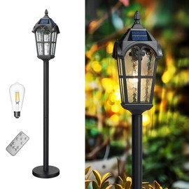 Emliviar Solar Pathway Light with Water Grain Glass Shade, 46 Inch Classic Post Lamp with Round Base in Black Finish, Portable Floor Lamp for Outdoor Travel, LED Bulb Included, YXE302PL-ML SL BK