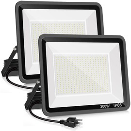 YANYCN 2 Pack 300W LED Flood Light Outdoor,2000W Equivalent 43500LM 5000K Daylight White Super Bright FloodLight with Plug,IP66 Waterproof Commercial Lighting for Sports Fields,Counts,Arena,Stadium