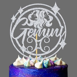 Decoración para tarta de cumpleaños con purpurina plateada, temática de constelación del zodiaco mayo junio