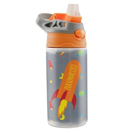 Rocketship in Outer Space – Small 12 oz Water Bottle with Pop Up Silicone Straw - Personalize with Name - Double Wall Vacuum Stainless Steel Insulation – Keep Beverage Temperature for Up To 8 Hours