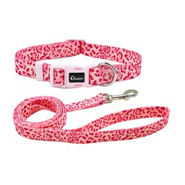 Olahibi Dog Collar and Leash Combo Set, Leopard Pattern, Polyester Material, 150CM Matching Leash, for Large Dogs.(L, Pink Leopard)