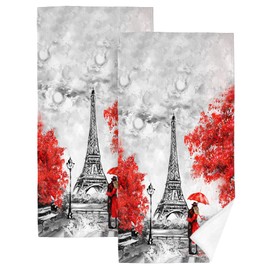 HIKENVIU Paris Eiffel Tower Bathroom Decor Hand Towels Set of 2 Valentine's Red Decorative Bath Towels Soft Absorbent for Bathroom Home Hotel Gym Yoga Spa 14"x28"