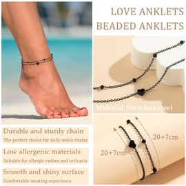 Ecripe Stainless Steel Anklet Bracelets for Women, Adjustable Black Heart Anklet Chain Stack-Waterproof Foot Chain Jewellery for Beach Summer Gift