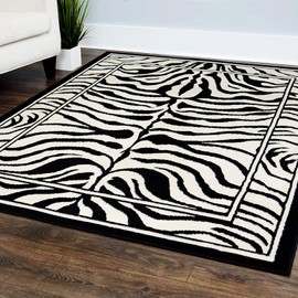 Champion Rugs Zebra Print Rug Contemporary Area Rugs Zebra Rugs Large Zebra Rugs for Living Room Animal Print Rug Black White (5' 3" X 7' 5")