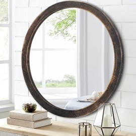 JJUUYOU Wall Mirror 20 Inch Rustic Black Round Wall Mirror for Bathroom, Farmhouse Circular Mirror Washroom Wall Decor Wood Frame Mirror for Living Room, Bedroom, Dorm Decorative