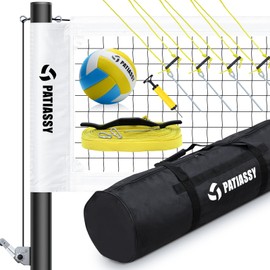 Patiassy Portable Professional Outdoor Volleyball Net Set with Adjustable Height Aluminum Poles, Winch System, Volleyball with Pump and Carrying Bag for Backyard Beach, White