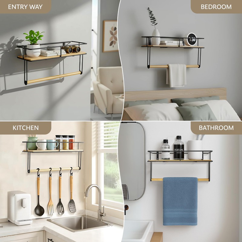 SDZOREN Hand Towel Holder with Wooden Shelf – Wall-Mounted Bathroom