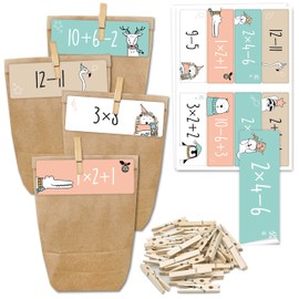 Papierdrachen Advent Calendar for Filling, 24 Gift Bags and 24 Number Stickers and Clips, Math Tasks Motif, to Fill and Make Yourself, Christmas, Mini Set No. 273