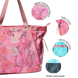 ESVAN Yoga Tote Bag for Women Shoulder Bags Drawstring for Office Workout Travel Carryall Pilates Gym and Beach (Pink)