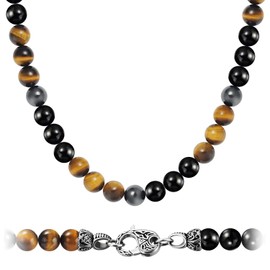 WESTMIAJW Mens Hematite Tiger Eye Onyx Beads Beaded Necklace Chain Natural Gemstones Jewellery 60cm
