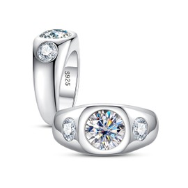 CannyCat Bezel Set Moissanite Rings for Women Men 3 CTTW 3-Stone Moissanite Engagement Anniversary Promise Ring Center 2 ct with side 0.5 ct VVS D-color Moissanite Platinum-Plated Silver Wide Band (5)