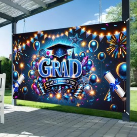 BlissYard Graduation Banner 71x43 inch Congratulations Class of 2025 Graduate Backdrop Decorations Congrats Grad Banner Sparkling Grad Cap Balloons Fireworks for Graduation Party Decor - Blue