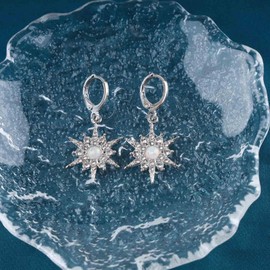 Allereya Vintage Crystal Northstar Dangle Earrings Rhinestone North Star Drop Earrings Silver Cz Opal Earrings Sparkly Star Hoop Huggie Earrings Jewelry for Women and Girls (Silver)