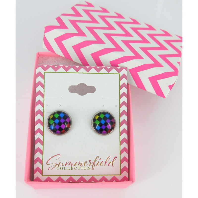 Summerfield Collection Stainless Steel Checkerboard Print Glass Stud Earrings 12mm