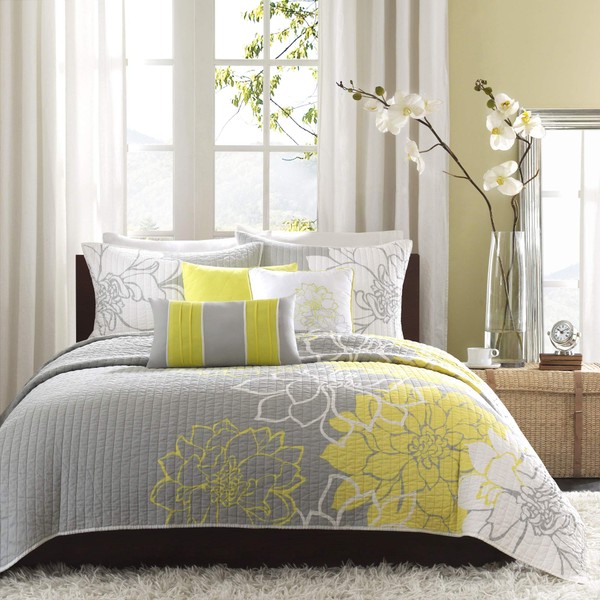 Madison Park Lola 100% Cotton Quilt Set-Casual Floral Channel Stitching Design All Season, Lightweight Coverlet Bedspread Bedding, Shams, Decorative Pillows, Full/Queen (90 in x 90 in), Yellow 6 Piece
