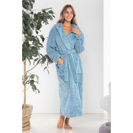 Alexander Del Rossa Womens Fluffy, Fuzzy Robe for Women,Women's Long Hooded Robes, Plus Size, Heathered Turquoise, Small