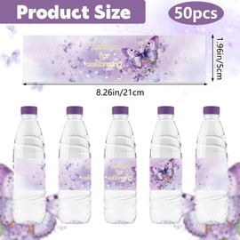 URROMA Waterproof Water Bottle Labels,50Pcs Thank You for Celebrating with Us Purple Butterfly Wraps Bottle Decor for Wedding Birthday Party