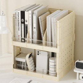 UFORU 2 Tier Foldable Tabletop Bookshelf for Desktop Organizer, Cream Color File Organizer Vertical with Storage Space for Magazine Holders, Office, Art Supplies, School, Classroom