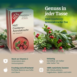 H&S Cranberry Acerola Cherry with Vitamin C Tea, 3 x 20 Bags (2.8 g each): Fruity Sweet Tea Blend, Pack of 3