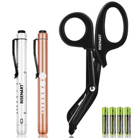 Trauma Shears & Pen light for nurses - 7.5" Fluoride Coated Medical scissors and LED Penlight for Nurse, Doctor, First Aid, EMT, EMS, Nursing (Black Bandage Scissor + Gold & White Pen lights)