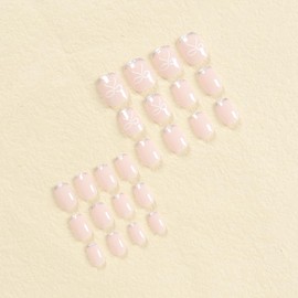 SINLOV Short Square Fake Nails Flower Glossy Press on False Nails Pink Nude French Full Cover False Nails for Women and Girls