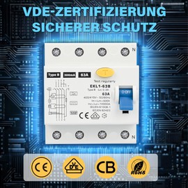 Warmfay FI Circuit Breaker Type B 63A 300mA 4-Pin VDE Certification Residual Current Circuit Breaker RCD All-Current Sensitive Switch Automatic Safety for Wall Boxes Charging Stations, DIN Rail