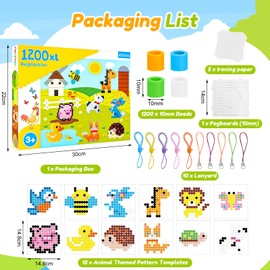 Iron-On Beads Large Set, 1200 XXL Ironing Beads for Children, 10 mm Beads Plates, 12 Patterns and Ironing Paper, Glitter Craft Beads Set, Bead Set, Gift for Boys, Girls, Birthday, Christmas