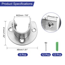 sourcing map 4 Pcs 22mm / 7/8" Inch Closet Rod Bracket Stainless Steel U-Shaped Rod Socket Flange Closet Rod Holder for Closet Rod, Silver
