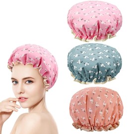 FENQURO Shower Cap, Double Layer Shower Cap for Women, Elastic Band, Reusable Shower Cap for Hair, Waterproof Plastic Shower Cap with Ruffles that Cover the Ears, Pack of 3
