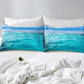 Ocean Theme Fitted Sheet 140 x 200 cm Sea Printed Bed Sheet Set for Children Boys Girls Kids Hawaiian Beach Fitted Sheet Ultra Soft Summer Teal Ocean Decor