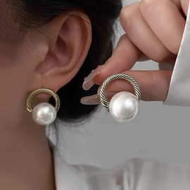 Inateannal Vintage Circle Pearl Earrings Gold Twisted Hoop Earrings Circle Pearl Dangle Earrings Boho Large Round Pearl Earrings Open Twisted Circle Earrings