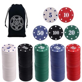 IXIGER 200Pcs Poker Chips, Poker Chips Set with Denominations for Card Board Game, Plastic Game Chips with Black Velvet Pouch Bag, Math Counting Chips,Game Night Party Supplies