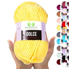 MeriWoolArt Chenille Yarn for Knitting and Crocheting Yellow - 100 g and 120 m Velvet Wool - 100% Fluffy Polyester Knitting Yarn for Amigurumi Cushions Blankets Soft Clothing Gifts