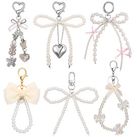 Sureio 6 Pcs Cute Bow Keychain for Women Pearl Key Chains for Car Keys Coquette Bow Keychain Accessories Aesthetic Bag Charms