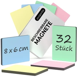 YOURGANIZE® 32 Writable Magnets - 8 x 6 cm (Size L), 4 Colours - Whiteboard Magnets - Rewritable Magnets for Fridge, Whiteboard, Scrum & Kanban Board